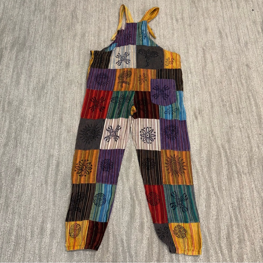 Rising International Boho Hippie Patchwork Overalls 100% Cotton Women’s Size L - Picture 2 of 6